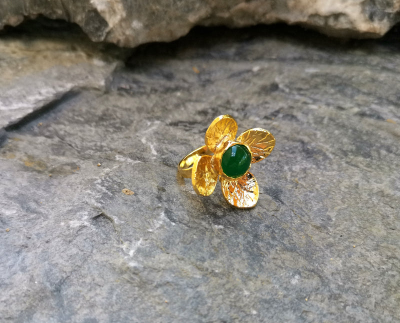 Gold Plated Brass Ring with Green Gemstone Adjustable SR27