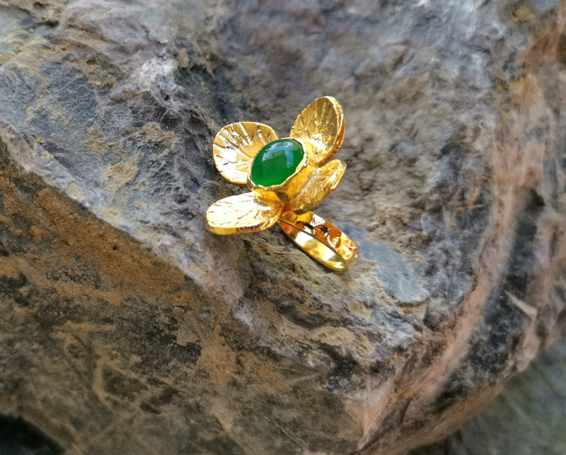 Gold Plated Brass Ring with Green Gemstone Adjustable SR27