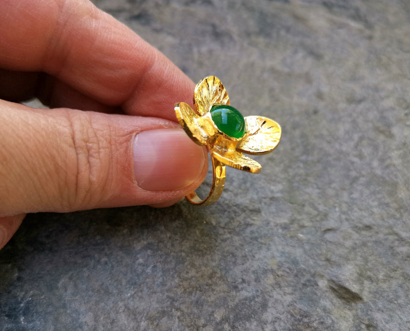 Gold Plated Brass Ring with Green Gemstone Adjustable SR27