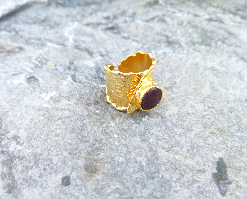Gold Plated Brass Ring with Dark Purple Gemstone Adjustable SR29