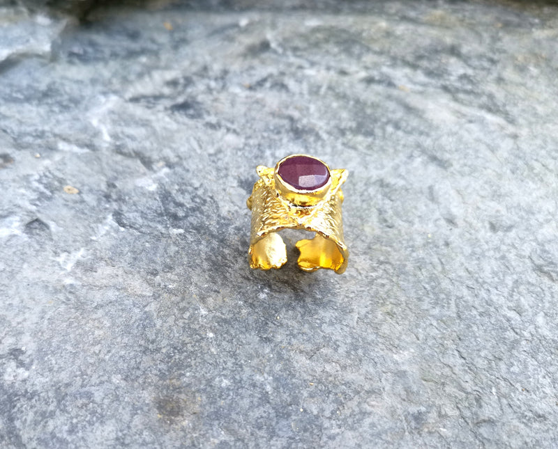 Gold Plated Brass Ring with Dark Purple Gemstone Adjustable SR29