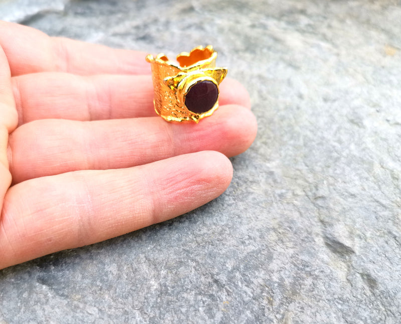 Gold Plated Brass Ring with Dark Purple Gemstone Adjustable SR29
