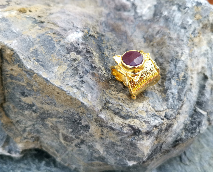 Gold Plated Brass Ring with Dark Purple Gemstone Adjustable SR29