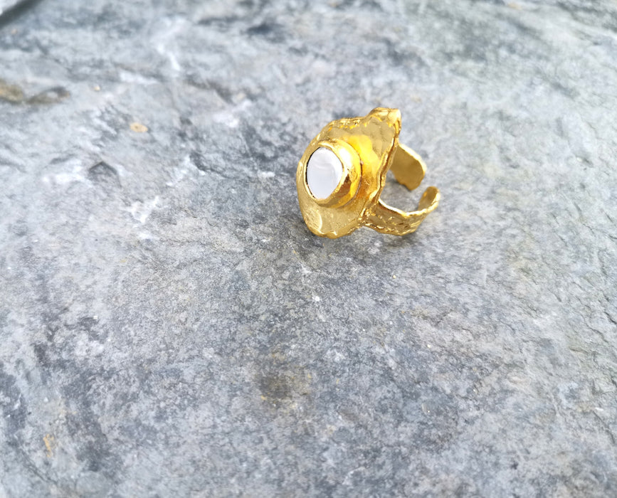 Gold Plated Brass Ring with Real Pearl Adjustable SR30