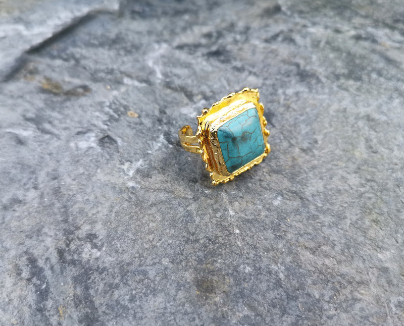 Gold Plated Brass Ring with Turquoise Gemstone Adjustable SR31