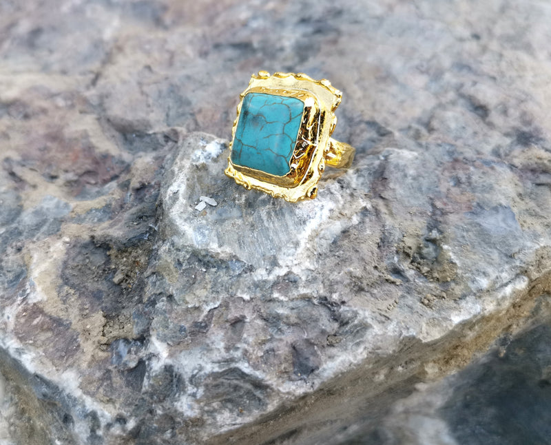 Gold Plated Brass Ring with Turquoise Gemstone Adjustable SR31