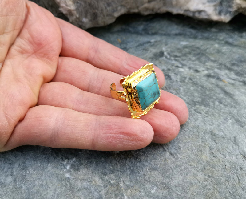 Gold Plated Brass Ring with Turquoise Gemstone Adjustable SR31