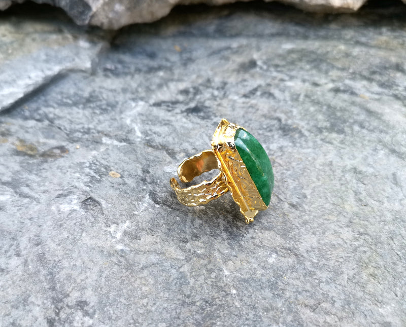 Gold Plated Brass Ring with Green Gemstones Adjustable SR34