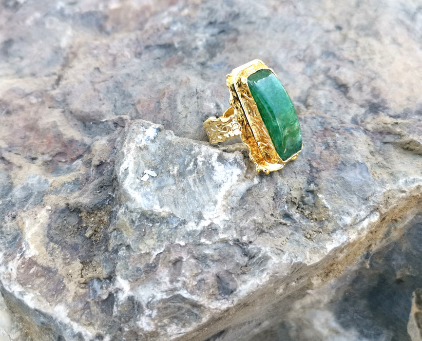 Gold Plated Brass Ring with Green Gemstones Adjustable SR34