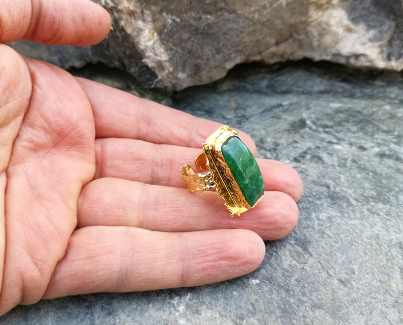 Gold Plated Brass Ring with Green Gemstones Adjustable SR34