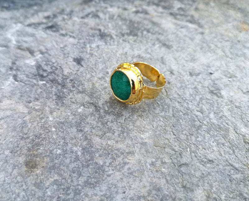 Gold Plated Brass Ring with Green Gemstones Adjustable SR35