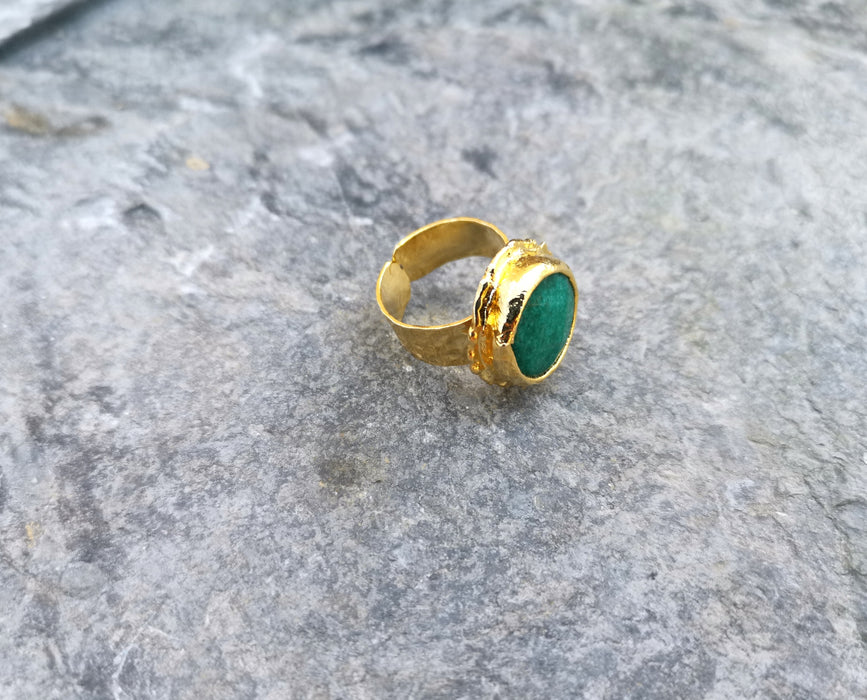 Gold Plated Brass Ring with Green Gemstones Adjustable SR35