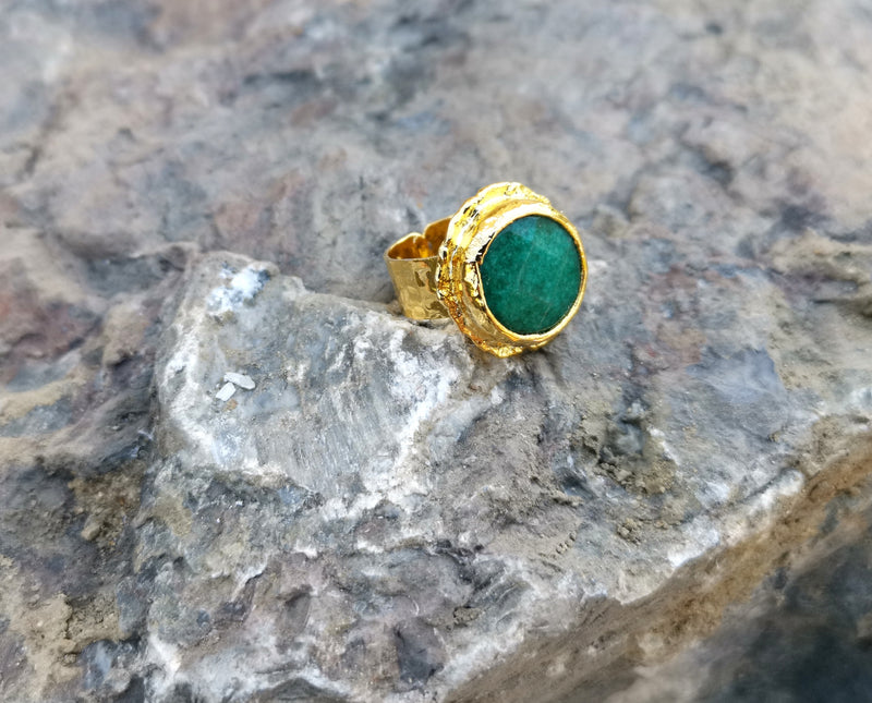 Gold Plated Brass Ring with Green Gemstones Adjustable SR35