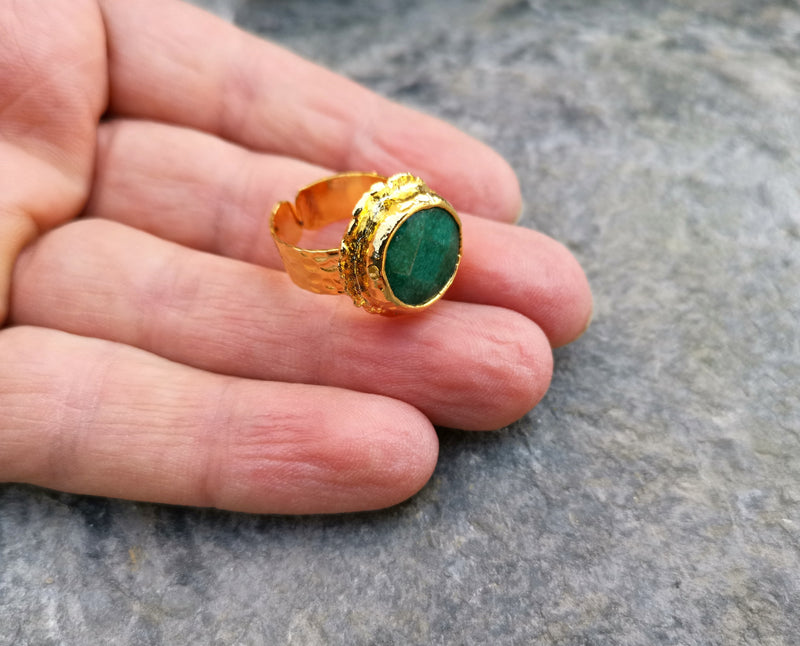 Gold Plated Brass Ring with Green Gemstones Adjustable SR35