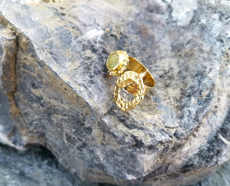 Gold Plated Brass Ring with Yellow Gemstones Adjustable SR36