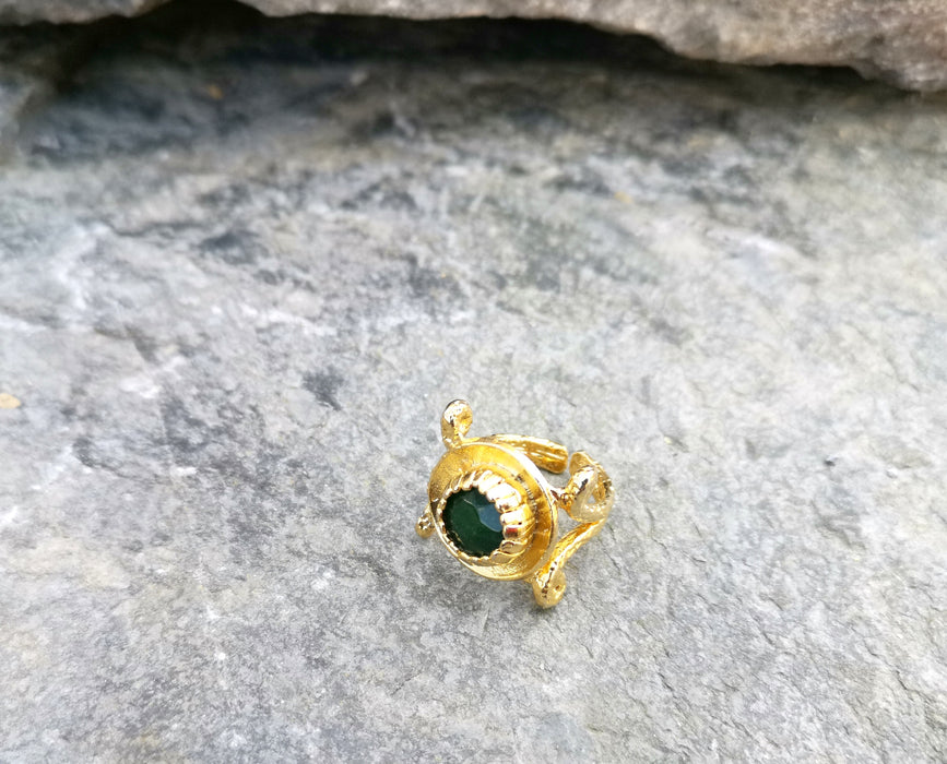 Gold Plated Brass Ring with Dark Green Gemstones Adjustable SR38