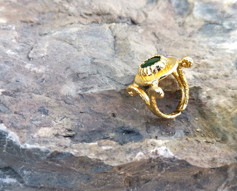 Gold Plated Brass Ring with Dark Green Gemstones Adjustable SR38