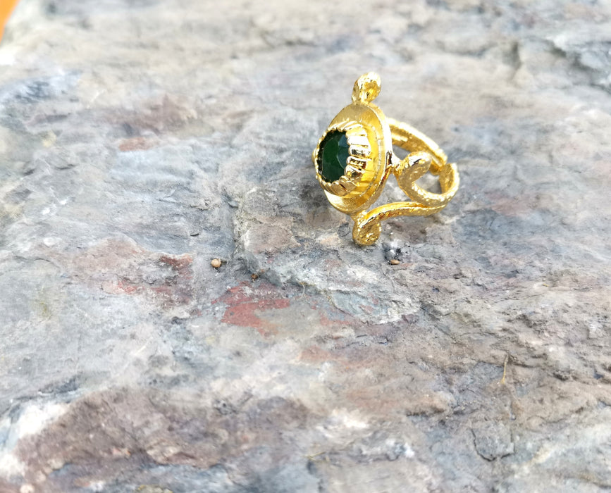 Gold Plated Brass Ring with Dark Green Gemstones Adjustable SR38
