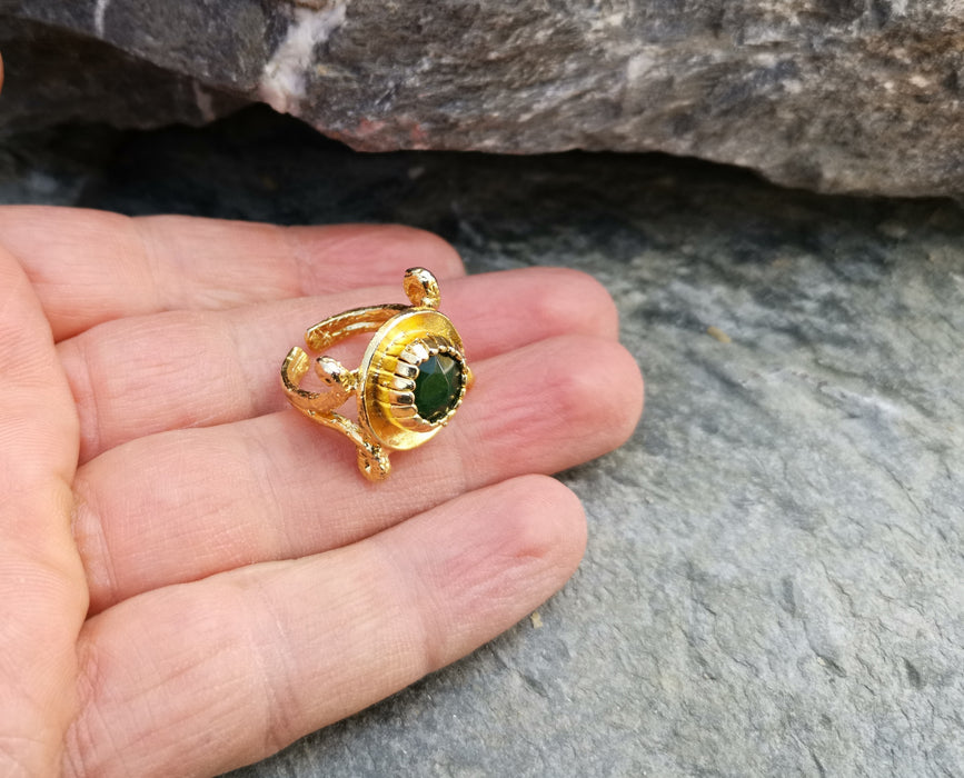 Gold Plated Brass Ring with Dark Green Gemstones Adjustable SR38
