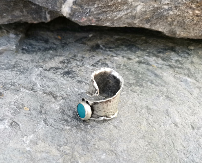Antique Silver Plated Brass Ring with Turquoise Gemstones Adjustable SR39