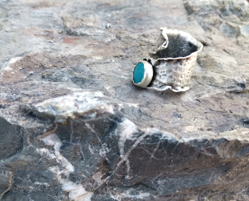 Antique Silver Plated Brass Ring with Turquoise Gemstones Adjustable SR39