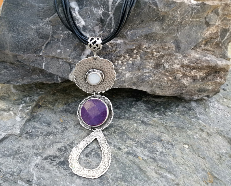 Antique Silver Plated Brass Necklace with Purple Gemstone and Real Pearl SR42