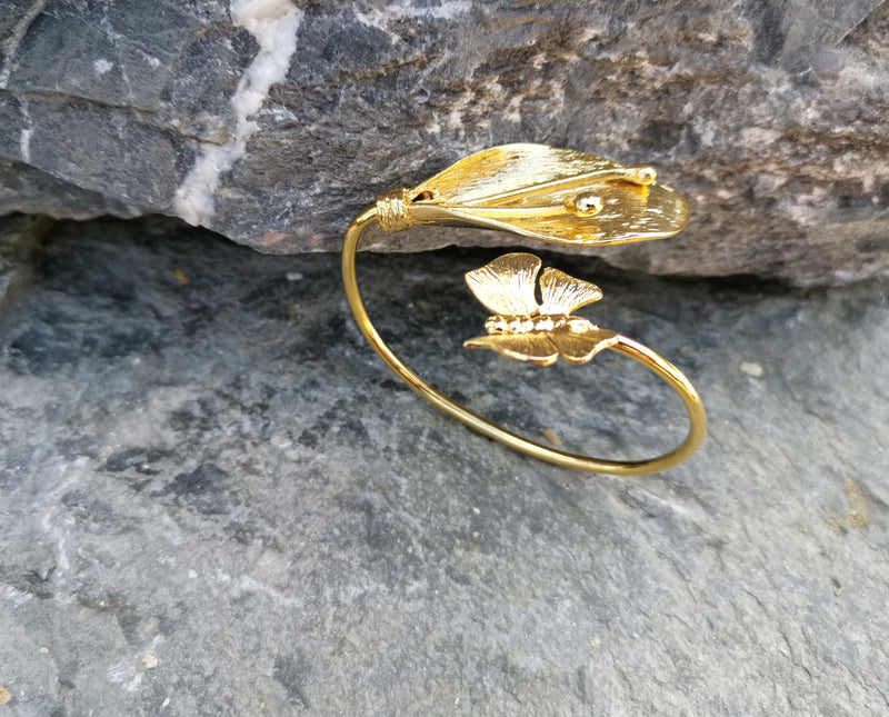 Butterfly and Flower Bracelet Gold Plated Brass Adjustable SR43
