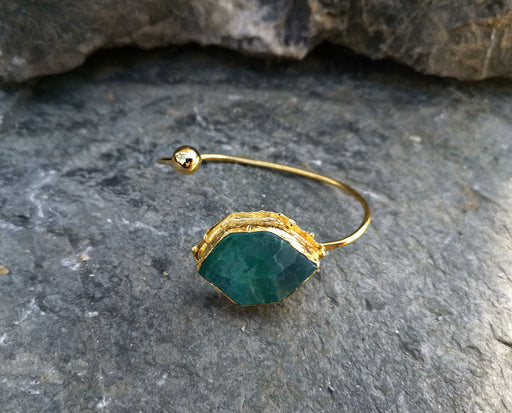 Bracelet with Green Agate Gemstone Gold Plated Brass Adjustable SR46