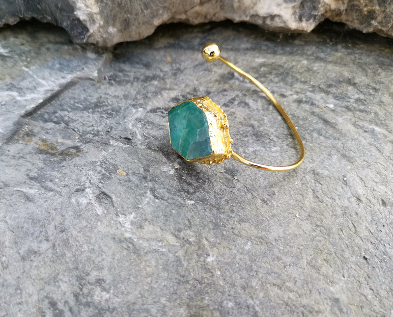 Bracelet with Green Agate Gemstone Gold Plated Brass Adjustable SR46