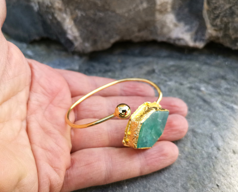 Bracelet with Green Agate Gemstone Gold Plated Brass Adjustable SR46