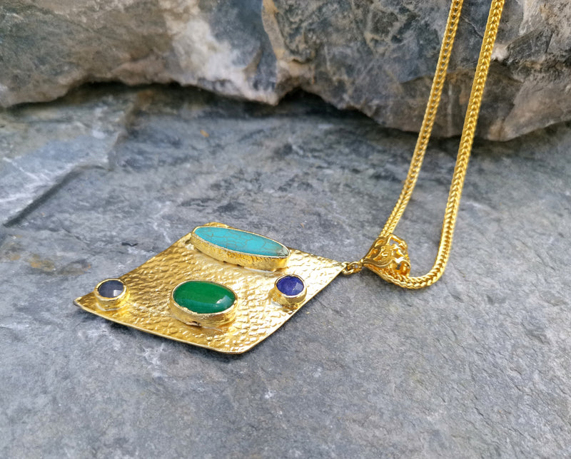 Gold Plated Brass Necklace with Colored Gemstones Adjustable  SR51