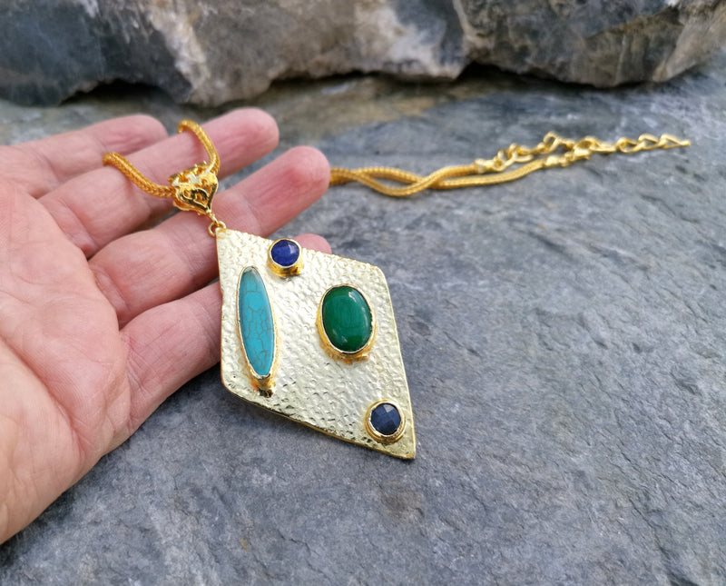 Gold Plated Brass Necklace with Colored Gemstones Adjustable  SR51