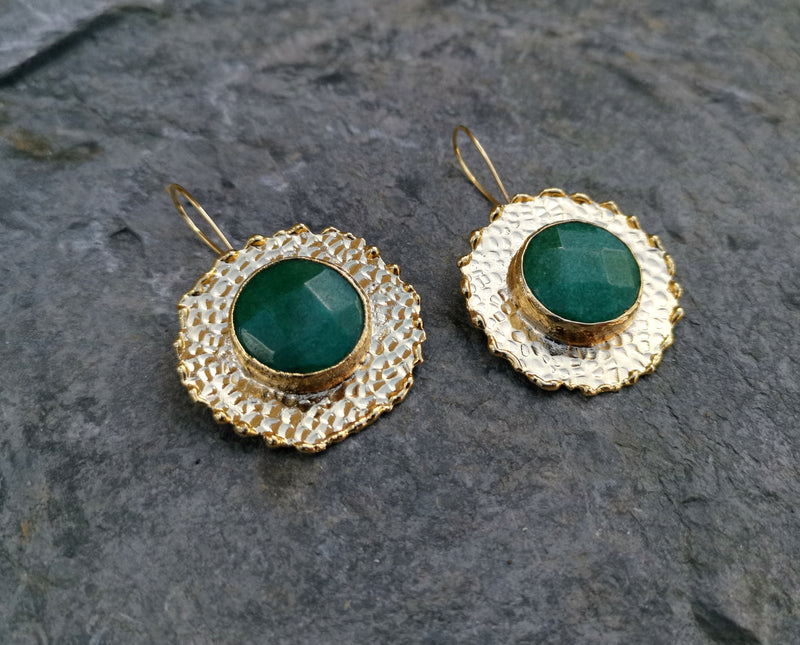 Gold Plated Brass Earrings with Green Gemstones  SR52