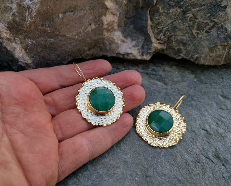 Gold Plated Brass Earrings with Green Gemstones  SR52