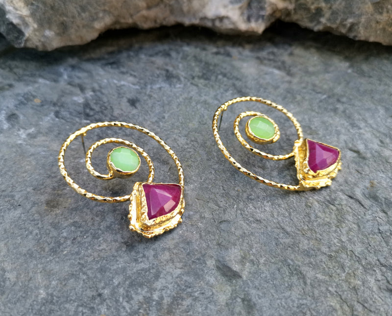 Spiral Earrings with Green and Claret Red Gemstones Gold Plated Brass   SR53