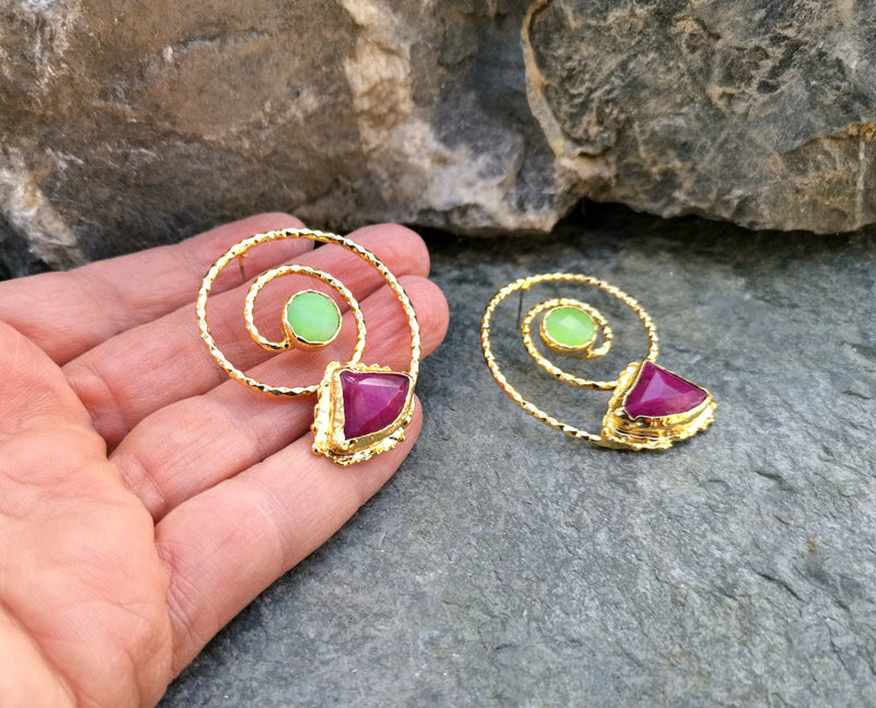 Spiral Earrings with Green and Claret Red Gemstones Gold Plated Brass   SR53