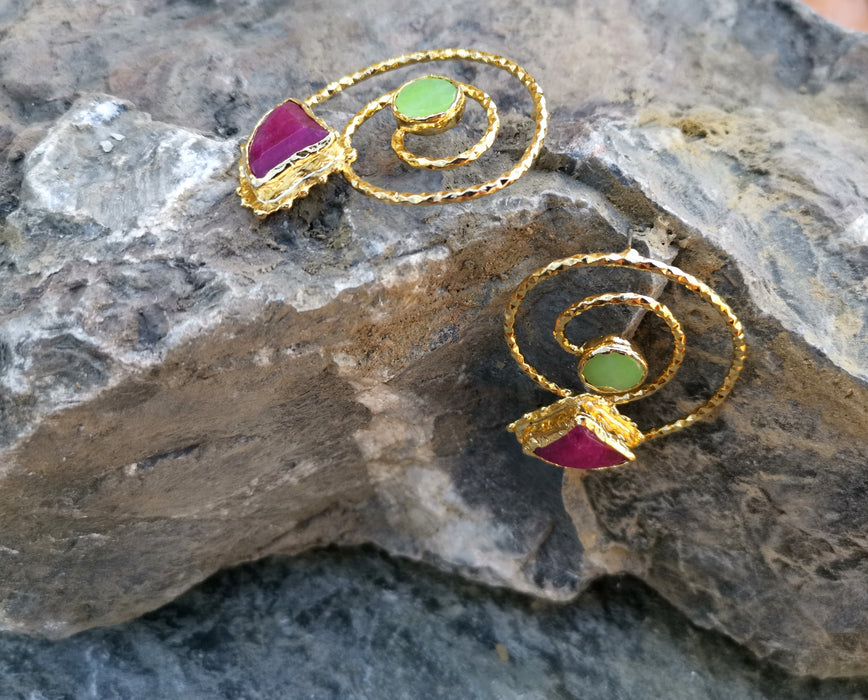 Spiral Earrings with Green and Claret Red Gemstones Gold Plated Brass   SR53