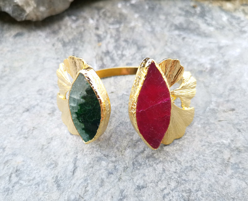 Bracelet with Green and Fuchsia Agate Gemstones Gold Plated Brass Adjustable SR166