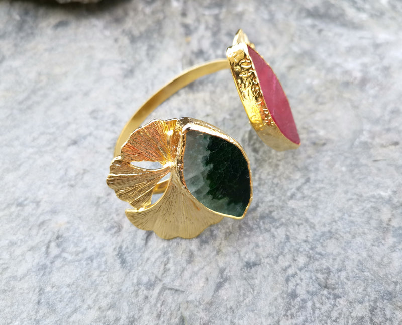 Bracelet with Green and Fuchsia Agate Gemstones Gold Plated Brass Adjustable SR166