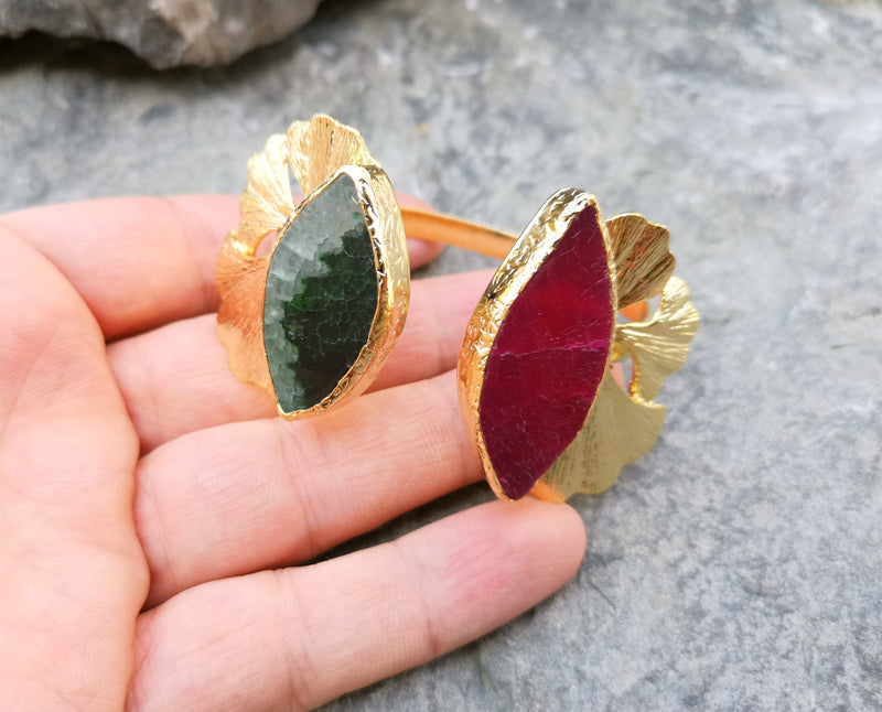 Bracelet with Green and Fuchsia Agate Gemstones Gold Plated Brass Adjustable SR166