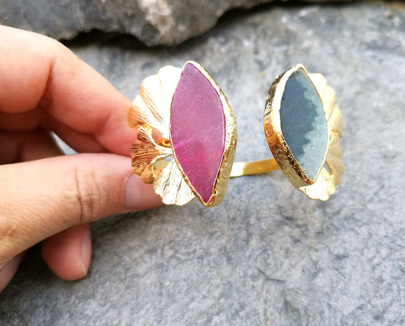 Bracelet with Green and Fuchsia Agate Gemstones Gold Plated Brass Adjustable SR166