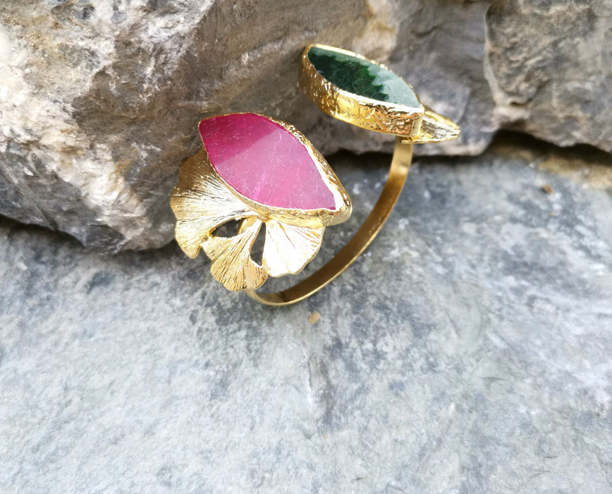 Bracelet with Green and Fuchsia Agate Gemstones Gold Plated Brass Adjustable SR166