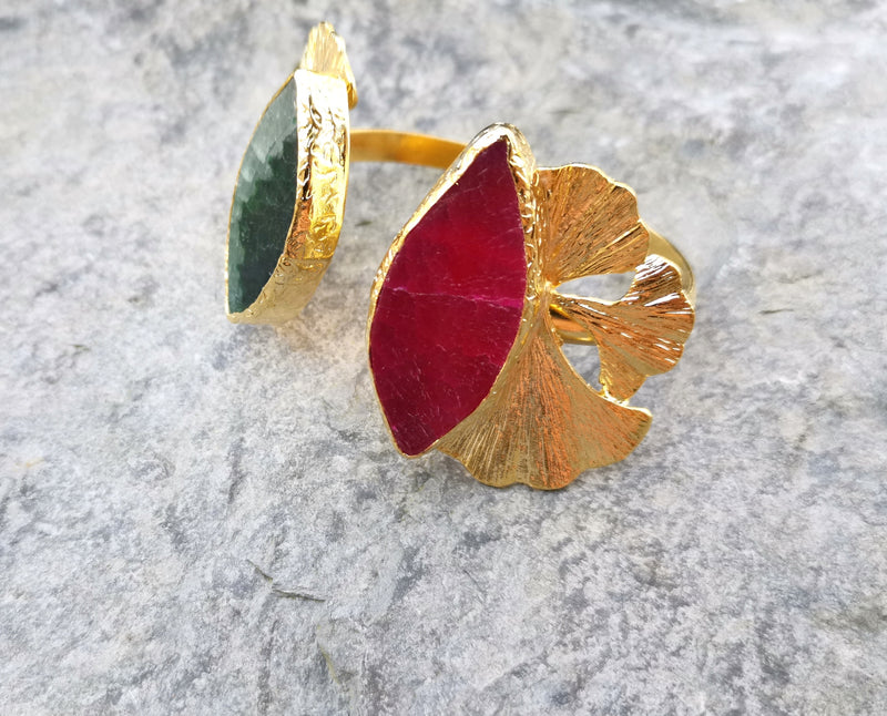 Bracelet with Green and Fuchsia Agate Gemstones Gold Plated Brass Adjustable SR166