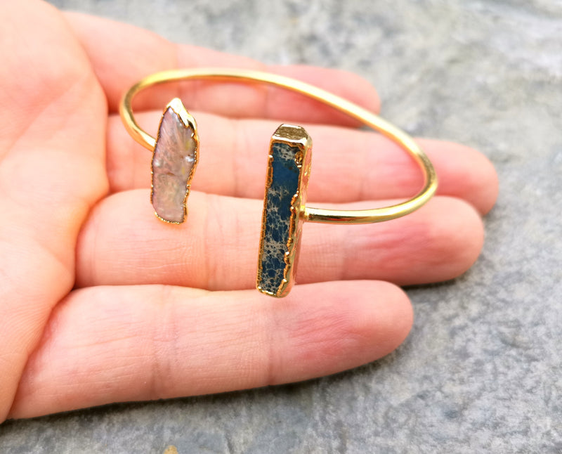 Bracelet with Blue Agate Gemstone and Real Pearl Gold Plated Brass Adjustable SR169