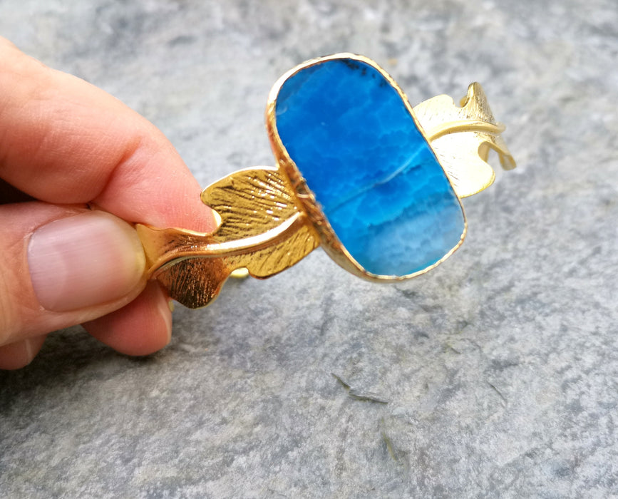 Bracelet with Blue Agate Gemstone Gold Plated Brass Adjustable SR185