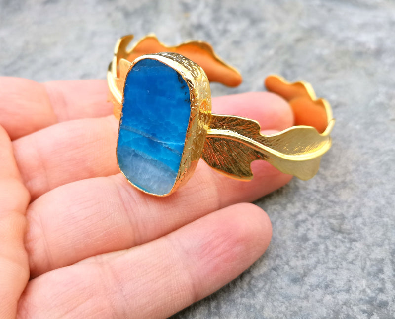 Bracelet with Blue Agate Gemstone Gold Plated Brass Adjustable SR185