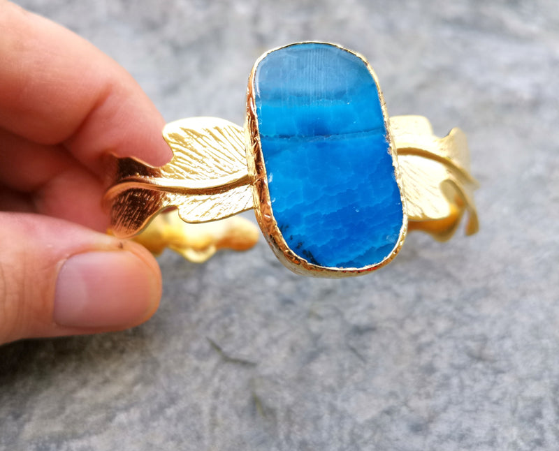 Bracelet with Blue Agate Gemstone Gold Plated Brass Adjustable SR185