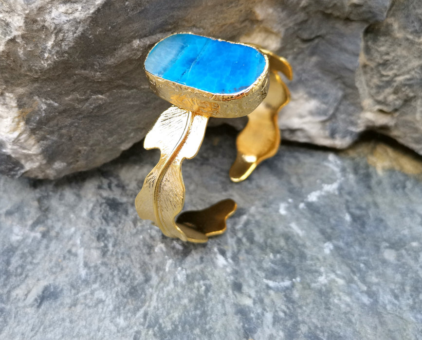 Bracelet with Blue Agate Gemstone Gold Plated Brass Adjustable SR185