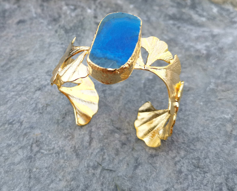 Bracelet with Blue Agate Gemstone Gold Plated Brass Adjustable SR186