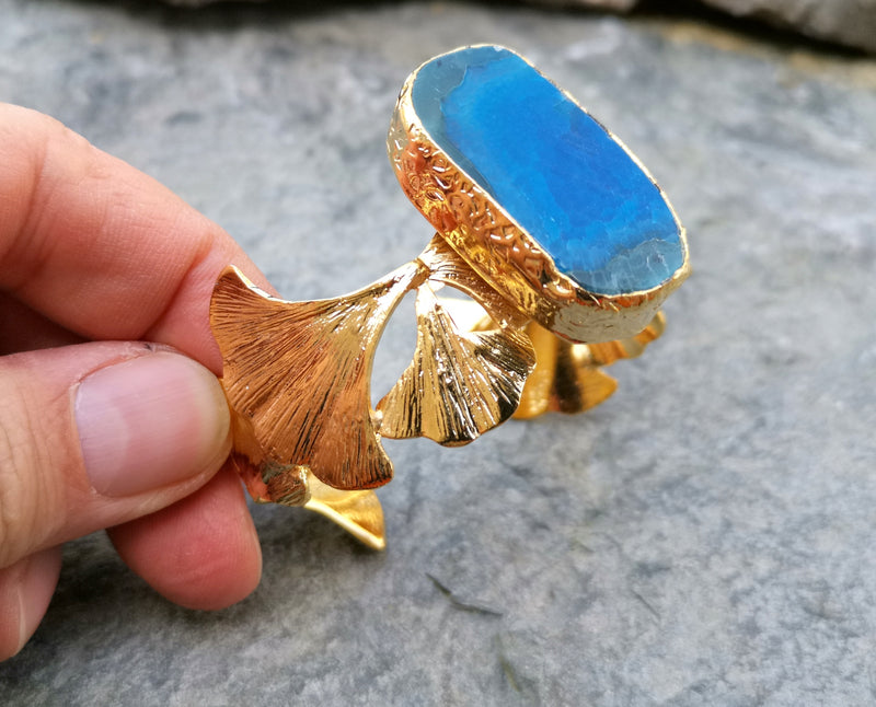 Bracelet with Blue Agate Gemstone Gold Plated Brass Adjustable SR186